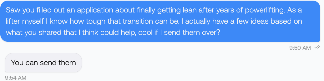Real Maddie conversation remembering a lead’s powerlifting goals and responding to their frustration.